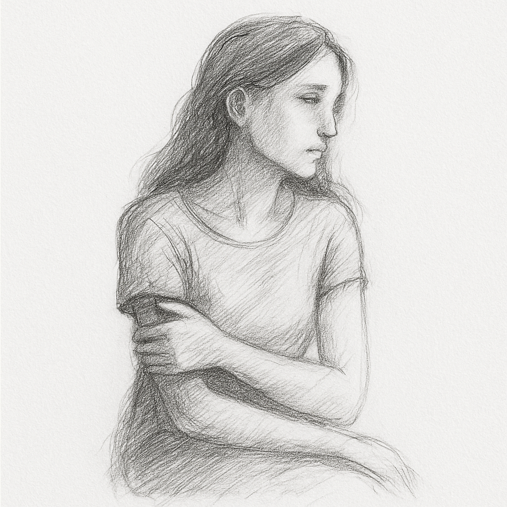 Dibujo a lápiz de una mujer sentada en perfil, con expresión introspectiva. Representa la entrega y el olvido de sí misma.